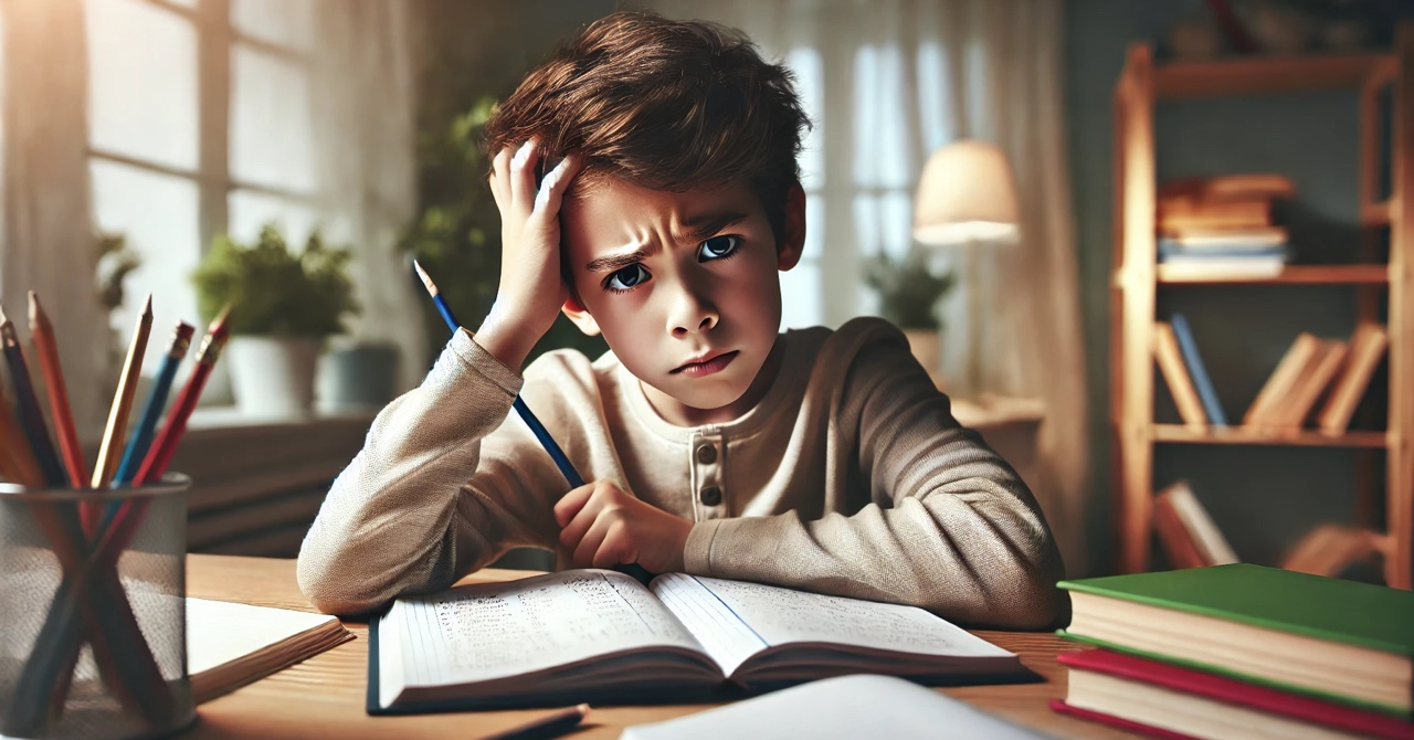 책상에 앉아 고민 중인 초등학생 사진