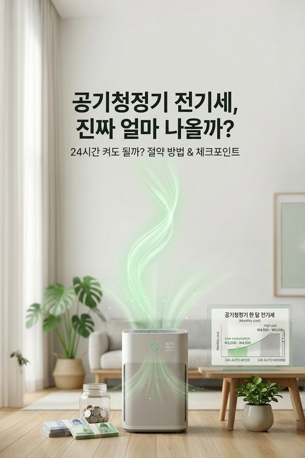 한 달 전기세 계산 예시 및 자동 모드 중요성을 보여주는 인포그래픽 그래프