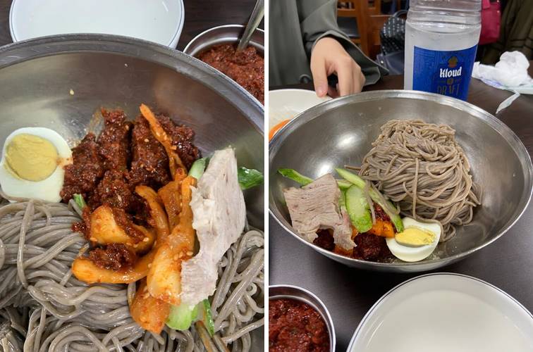 계란, 오이, 무, 소스, 고기가 고명으로 올라간 비빔막국수