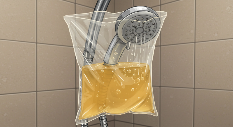 샤워기 헤드를 식초물에 완전히 잠기도록 넣습니다