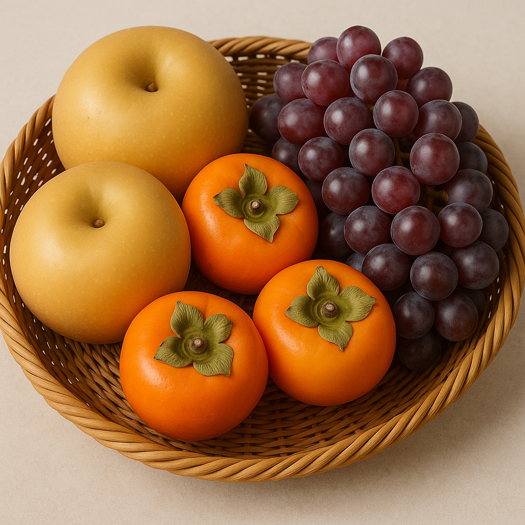 베, 감, 포도가 담긴 한 바구니 이미지