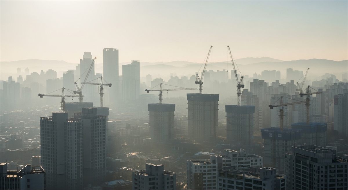 크레인이 많은 도심 건설 현장을 넓게 담은 장면 
