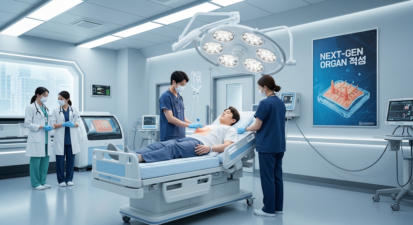 hospital scene where a Korean patient is recovering after receiving a 3D-printed artificial skin graft