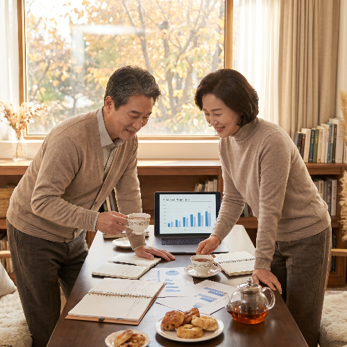 따스하고 아늑한 조명이 감도는 카페 같은 거실에서, 차를 마시며 여유롭게 미소를 지은 채 미래 은퇴 계획 자산 지도를 함께 검토하고 있는 행복한 중년의 한국인 부부 모습. 창밖으로는 부드러운 햇살이 스며들고 푸르른 나무들이 보이며, 이들의 앞에는 자산 포트폴리오 자료와 태블릿이 놓여 있음. 정서적 안정감과 풍요로운 경제적 자유의 가치를 세련되게 담아낸 8k 라이프스타일 사진.