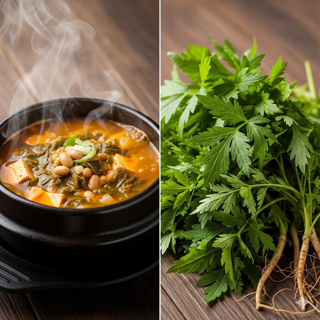 봄 쑥 된장국 그릇과 신선한 쑥 재료 사진