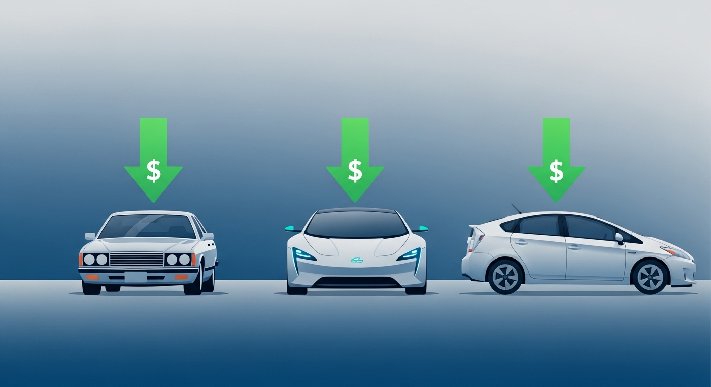 가솔린차, 전기차, 하이브리드차가 나란히 서 있고 각 차량에 녹색 화살표가 표시된 그림. 모든 종류의 차량이 자동차세 연납 할인 대상임을 나타냅니다.