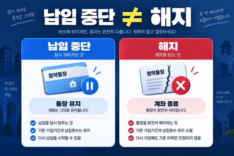 청약통장 납입 중단과 해지의 차이를 통장 유지 여부와 납입실적으로 비교한 이미지