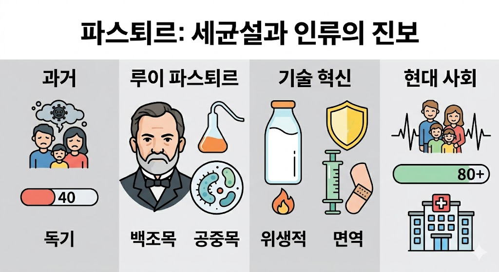 파스퇴르의 세균설이 가져온 인류의 발전을 시각화한 이미지입니다. 과거의 질병에 시달리던 삶에서 파스퇴르의 미생물 발견과 저온 살균, 백신 등의 기술 혁신을 거쳐, 현대 사회의 건강한 가족과 연장된 수명, 공중보건 체계 확립 과정을 네 개의 칸으로 구분해 비교하여 보여줍니다.