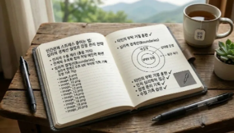 심리적 경계선 설정 이론과 감정 분리 기록, 수첩 기록 습관을 손글씨로 세밀하게 그린 멘탈 관리 수첩 사진