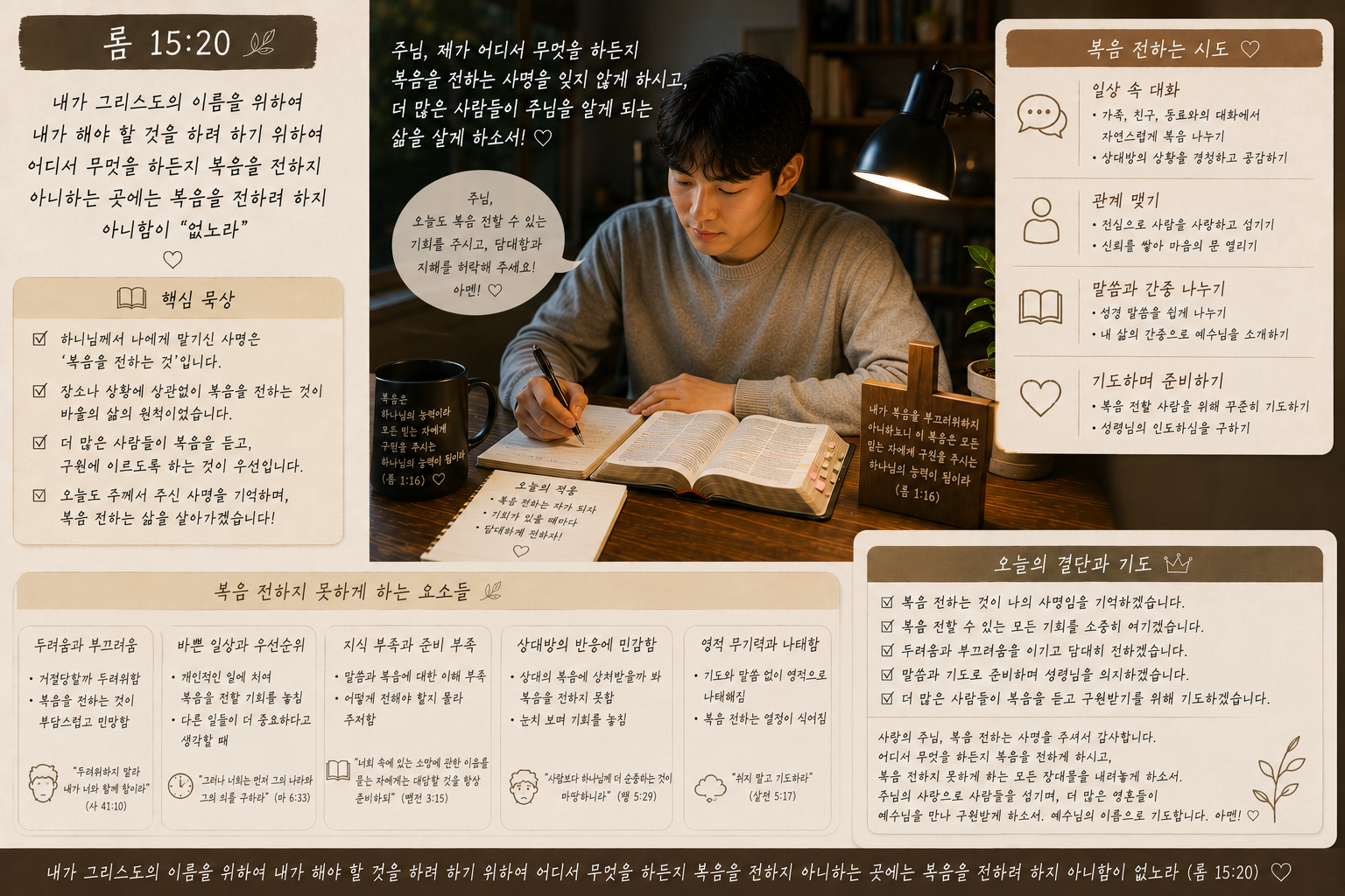 롬 15:20 말씀에서 바울은 어디서 무엇을 하든지 복음 전하는 것이 자신의 사명이요 일임을 명확히 하며 더 많은 사람들이 복음을 알게 되는 것에 초점맞춘 삶을 살아간 것을 보며&amp;#44; 복음 전하는 시도를 하는 것과 복음 전하지 못하게 하는 요소들을 생각해보는 시간을 갖는 모습입니다.