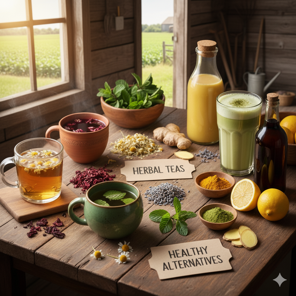 따뜻한 허브티 종류별 잔들과 건조된 허브 재료들, 건강한 대체 음료 비교 (이미지 생성:google)