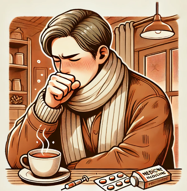 추운 겨울에 기침을 심하게 하고 있는 남자