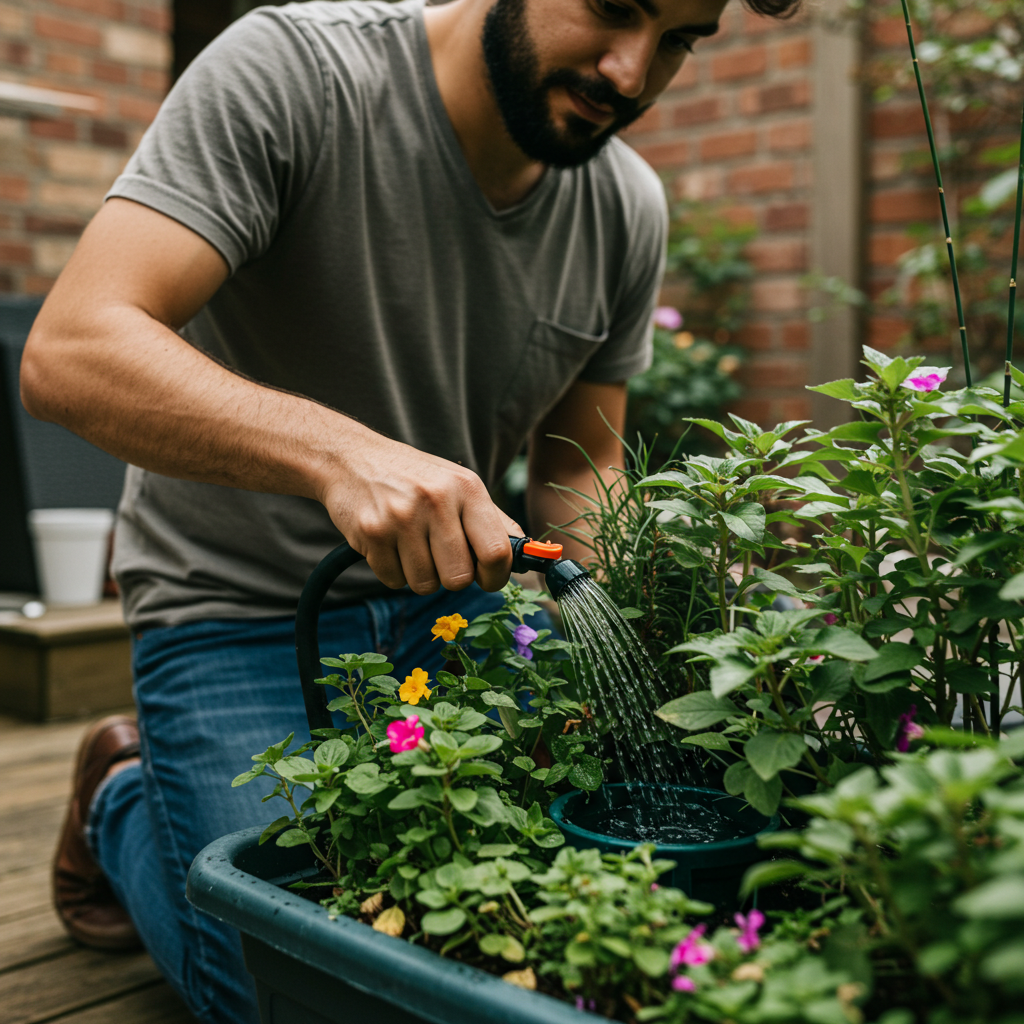 식물을 트레이에 담아 저면관수하고 있는 모습