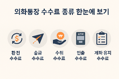 외화통장의 환전, 송금, 수취, 인출, 유지 수수료 항목을 아이콘과 함께 시각적으로 보여줍니다