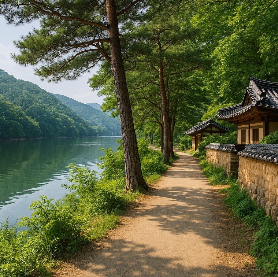 강과 나무가 보이는 길 사진
