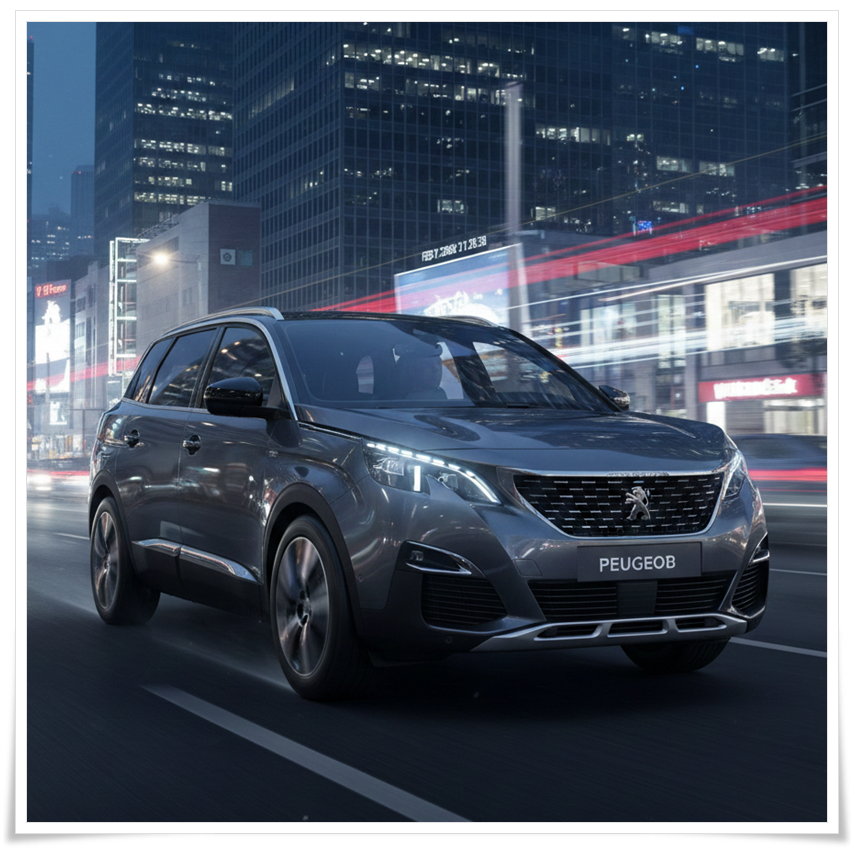 도심 도로를 달리는 역동적인 푸조 5008 SUV의 측면 주행 사진