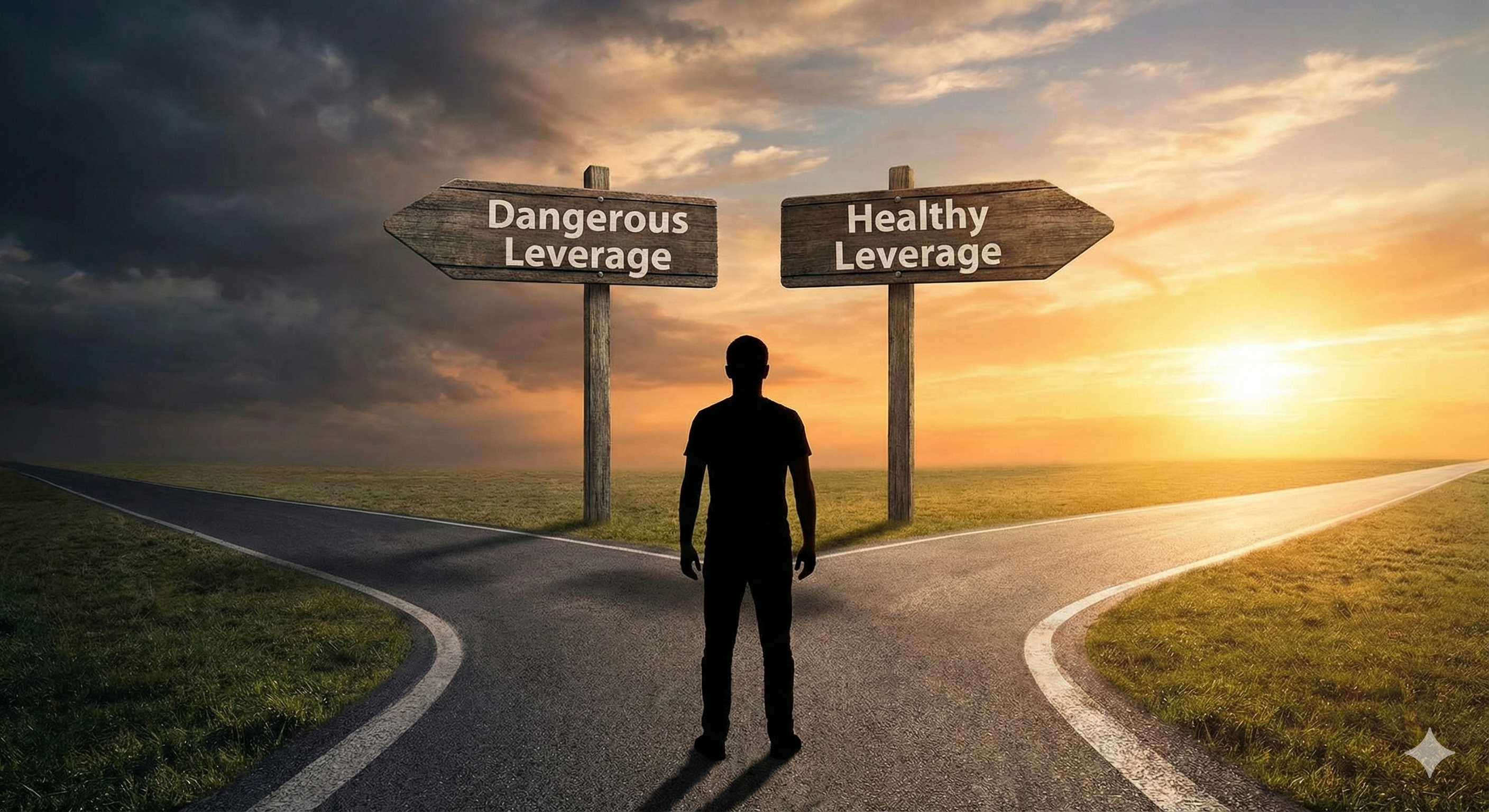 선택의 기로: 두 가지 레버리지의 갈림길 위험한 선택과 현명한 선택 사이에서 고민하는 사람의 실루엣을 통해, 레버리지 활용에 대한 상징적인 메시지를 담았습니다.