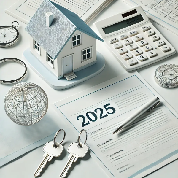 주택 모형, 계산기, 대출 신청서류, 열쇠가 밝은 배경에 정돈된 이미지, 주택담보대출 지원 상징