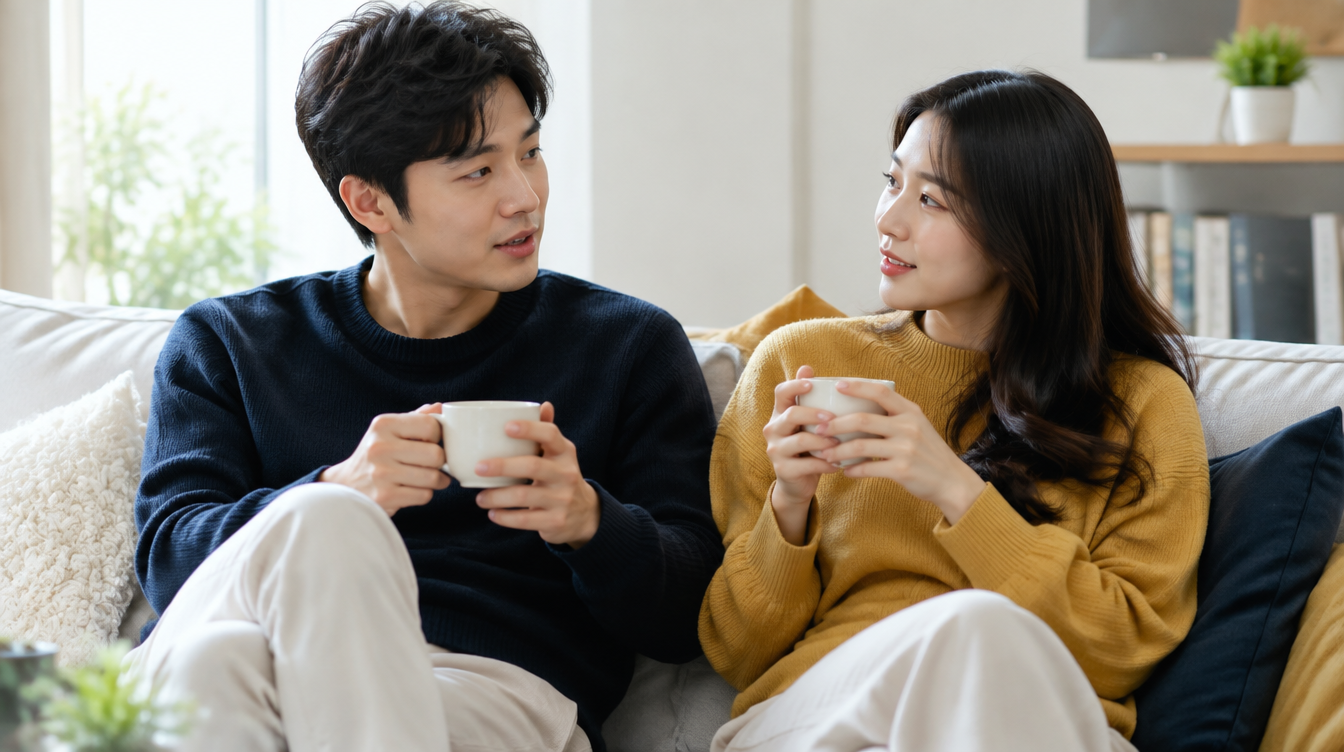 결혼 결정 심리에서 신뢰를 쌓는 커플이 소파에서 차분하게 대화하는 모습