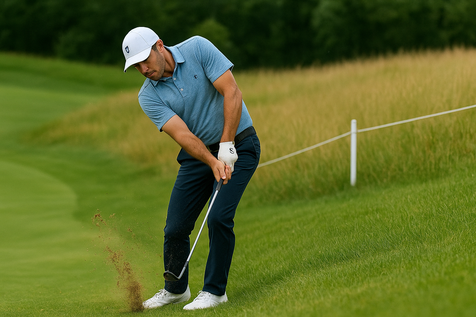 페어웨이 왼발 내리막에서 하이브리드로 친 볼이 아웃오브 바운즈되는 모습