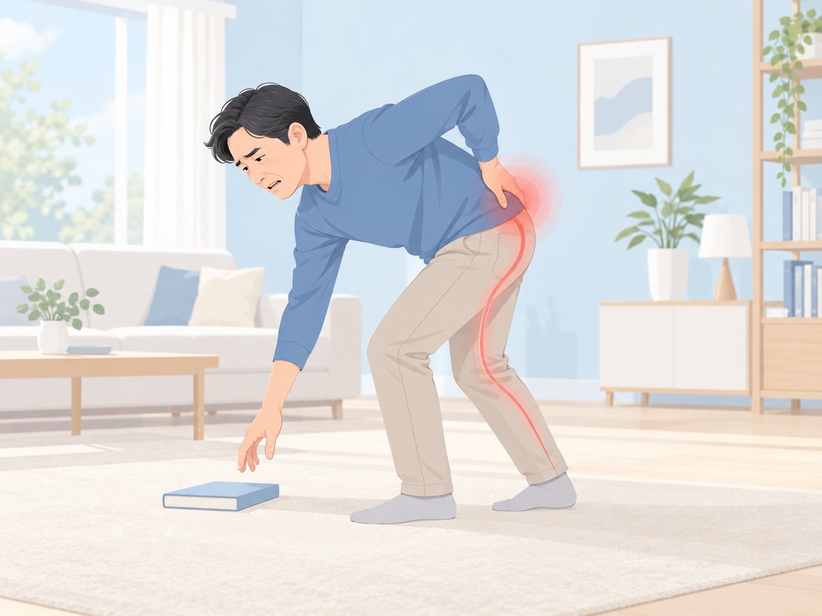 바닥의 책을 주우려 허리를 숙이다 허리를 짚고 다리로 뻗는 통증에 얼굴을 찡그리는 남성