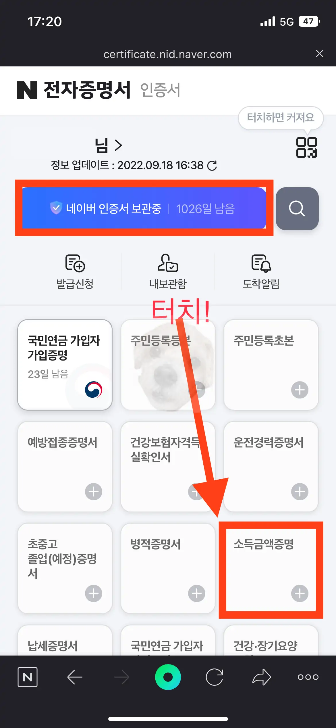 네이버 앱 전자증명서 화면
