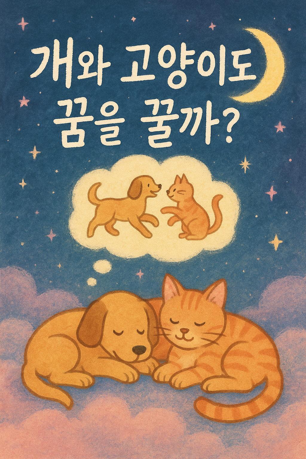 몽환적인 파스텔톤 일러스트, 강아지와 고양이가 함께 잠든 모습 위로 꿈속에서 뛰노는 장면이 떠오르는 이미지
