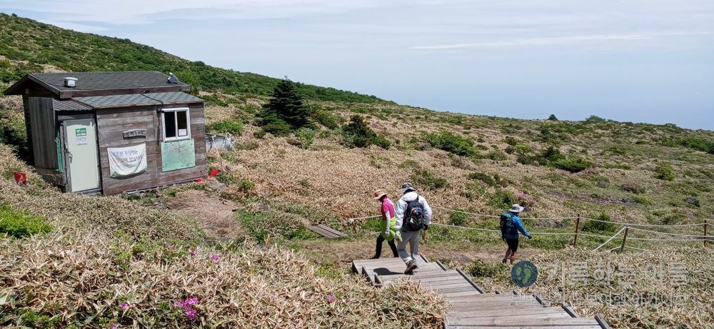작은 산장 앞 목재 데크를 걸어 내려가는 세 사람
