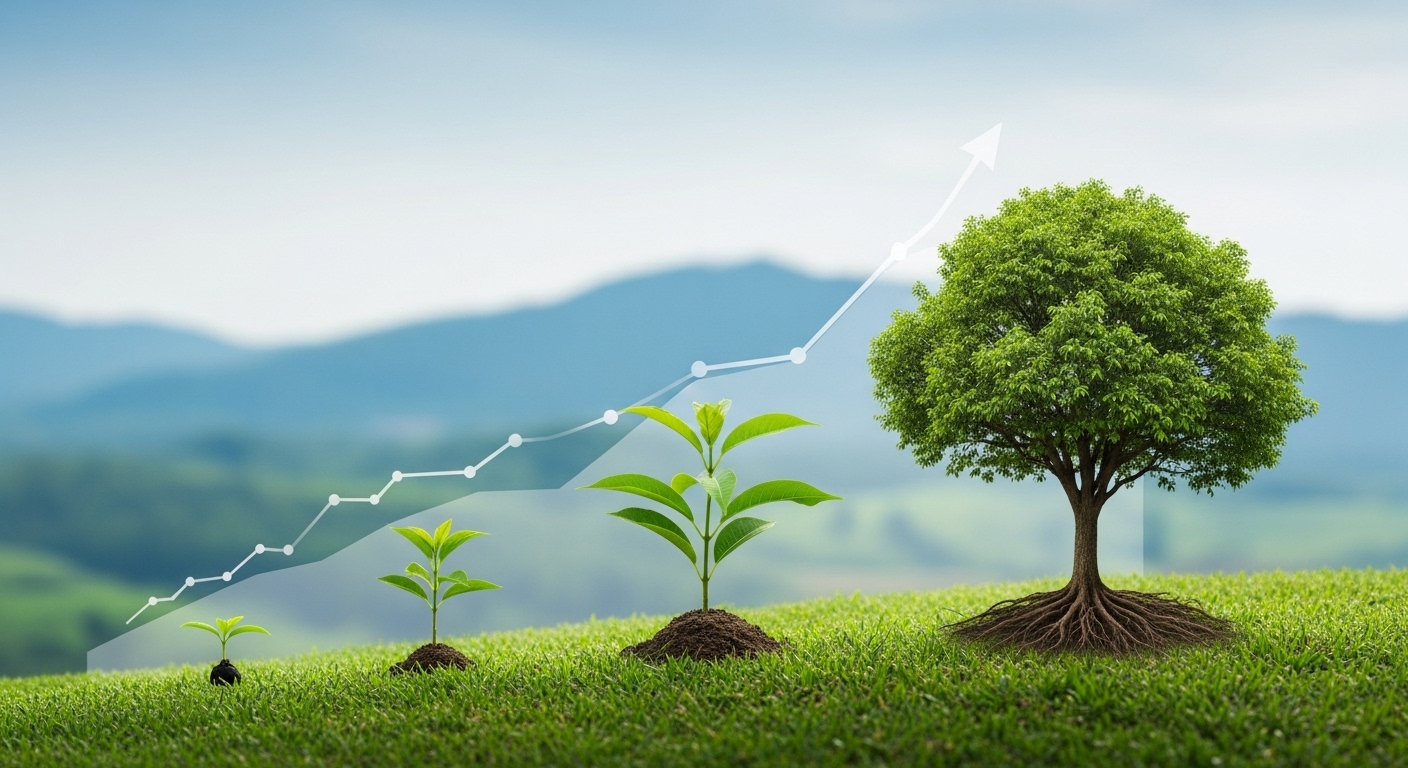 작은 씨앗이 시간이 지나 큰 나무로 자라나는 모습으로 장기 투자를 시각화