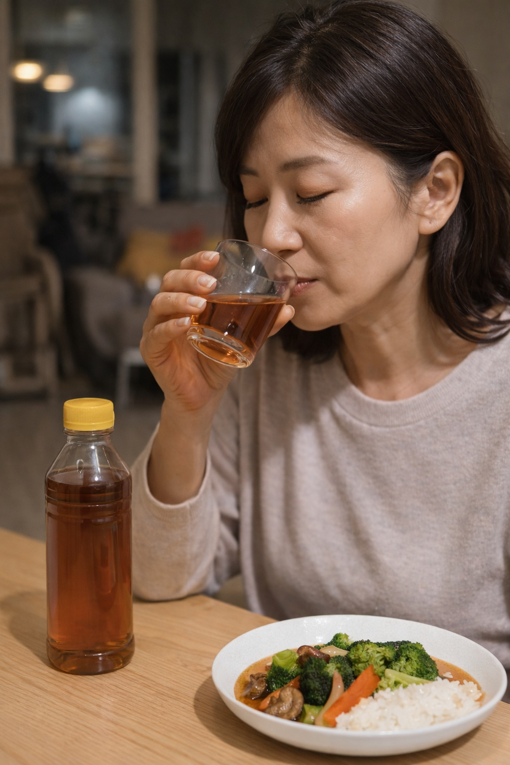 식사 전에 애플 사이다 비니거를 마시며 혈당 관리를 실천하는 중년 여성의 모습