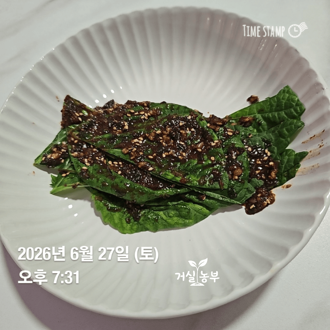 수경재배로 직접 키운 깻잎 네 장을 반으로 잘라 만든 깻잎 반찬