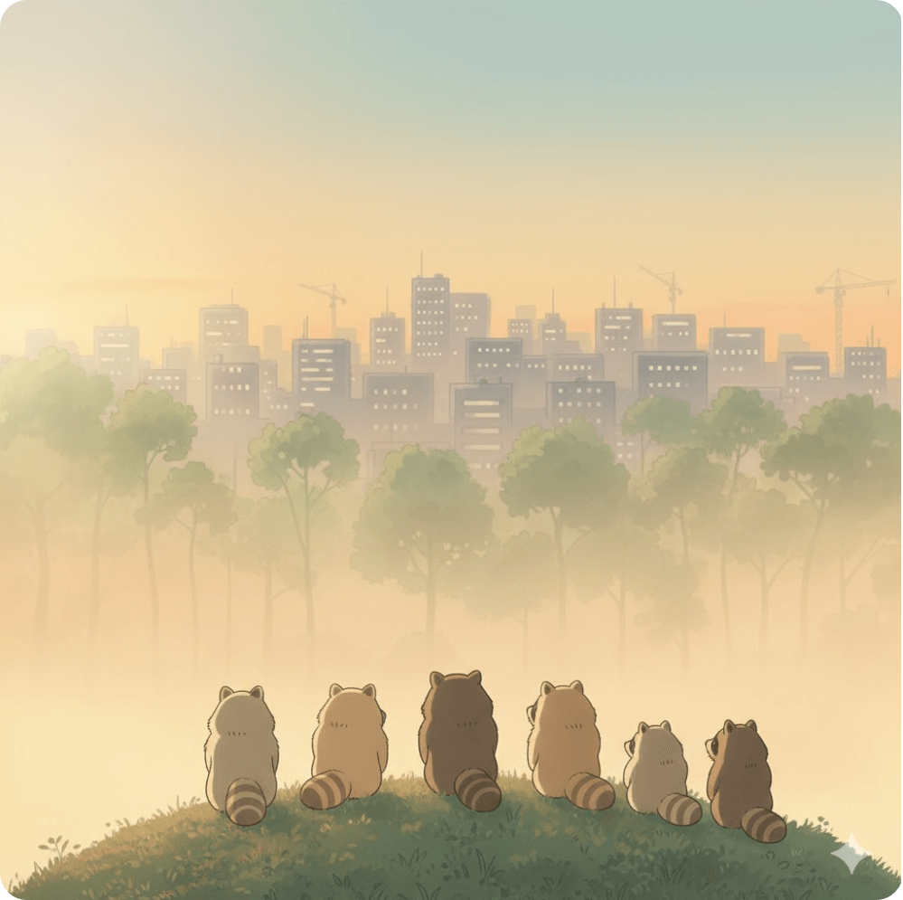 alt="석양빛이 스며드는 숲 가장자리에 서서 멀어지는 도시를 바라보는 너구리들. 사라진 고향과 공동체의 기억을 담은 일러스트."