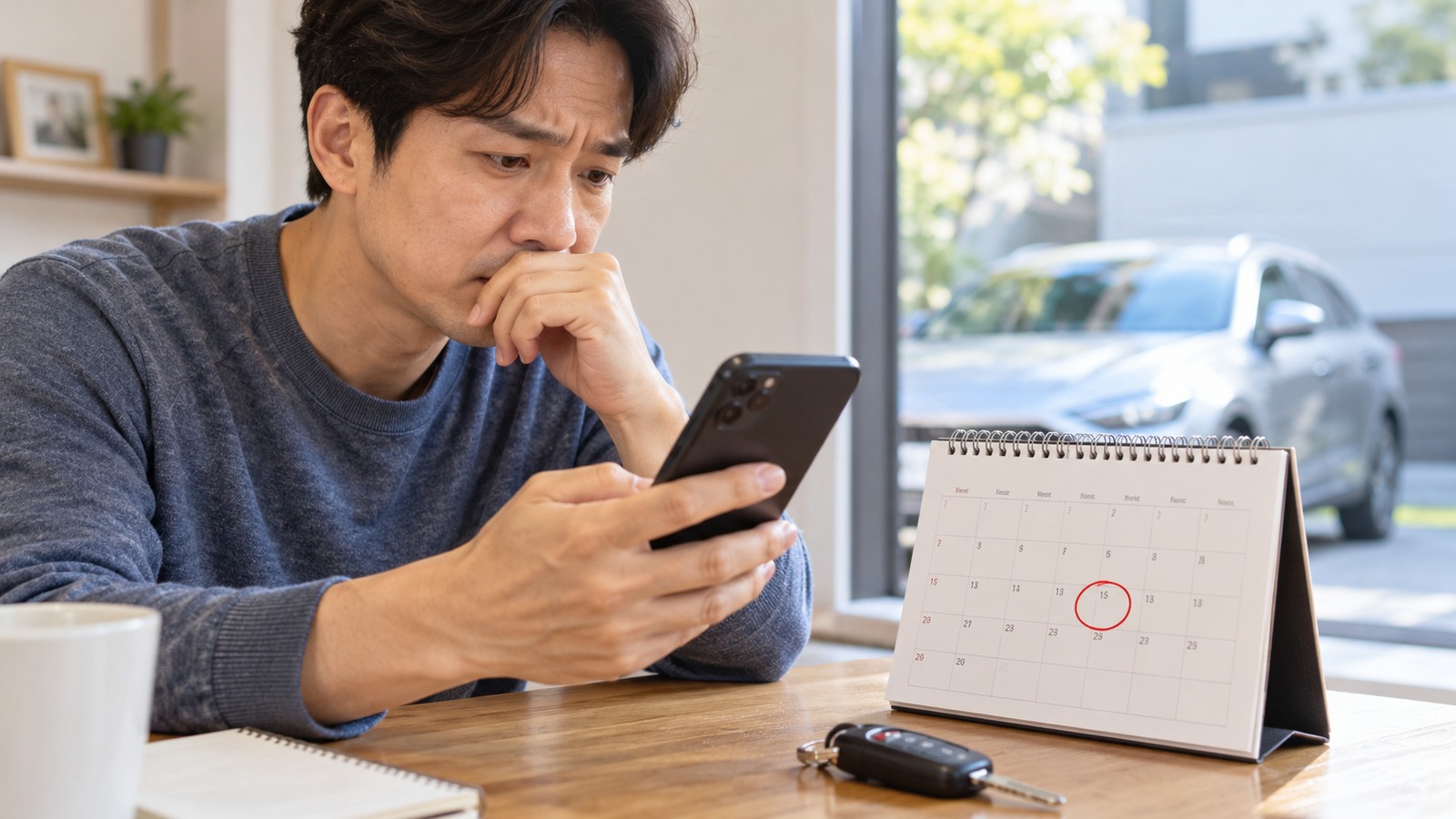 달력과 자동차 키 옆에서 휴대폰으로 자동차 검사 날짜를 확인하는 모습