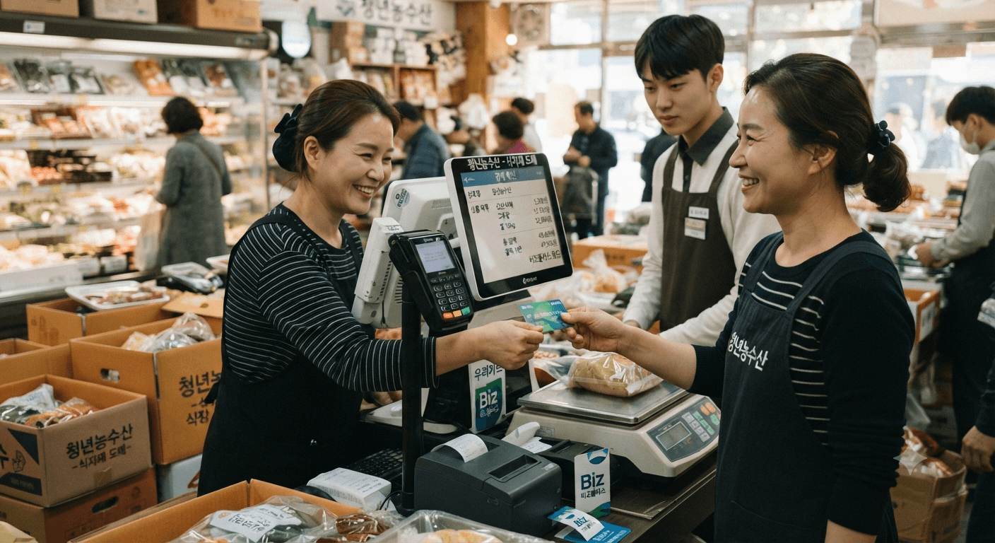 비즈플러스 카드로 원재료 구입하는 소상공인