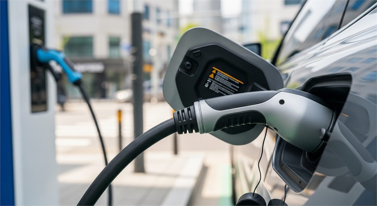 전기차 급속 충전 장면을 가까이서 보여주는 이미지 