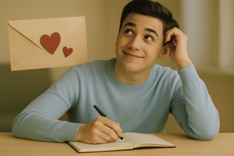 여자 친구에게 ChatGPT 에게 도움을 받아 고백 편지 쓰려고 하는 남자. 배경에 편지 봉투