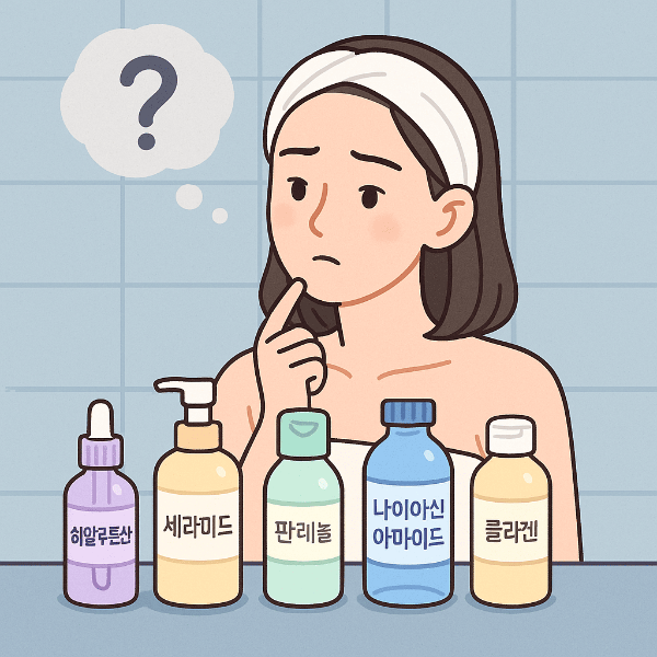 씻은 후 화장대 앞에서 히알루론산, 세라마이드, 판테놀, 나이아신아마이드, 콜라겐이 적힌 다섯 개의 스킨케어 병을 보며 어떤 제품을 바를지 고민하는 여성 캐릭터 일러스트.
