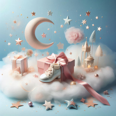 꿈을 상징하는 별과 달이 떠 있는 하늘을 배경으로 신발이 놓인 장면입니다.