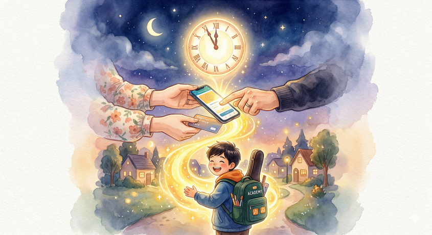 자정에 수원페이를 충전하여 7세 자녀의 교육비 걱정을 더는 따뜻한 가족의 모습 수채화 일러스트