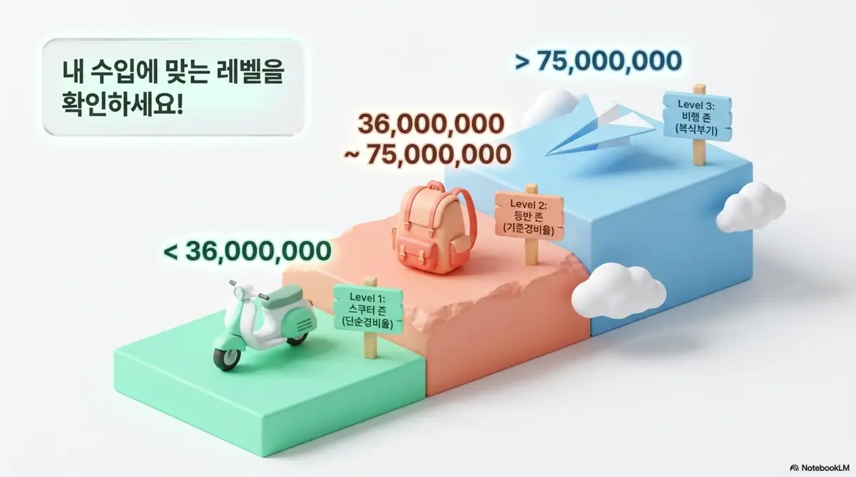종소세 단순경비율 기준경비율: 프리랜서 수입 구간을 3,600만 원 미만(단순경비율) · 3,600만~7,500만 원(기준경비율) · 7,500만 원 이상(복식부기)으로 나눈 3단계 레벨 계단형 인포그래픽 이미지. 수입 구간별 적용 경비율과 신고 방법의 차이를 시각적으로 전달하며 종소세 경비율 적용 기준을 설명함