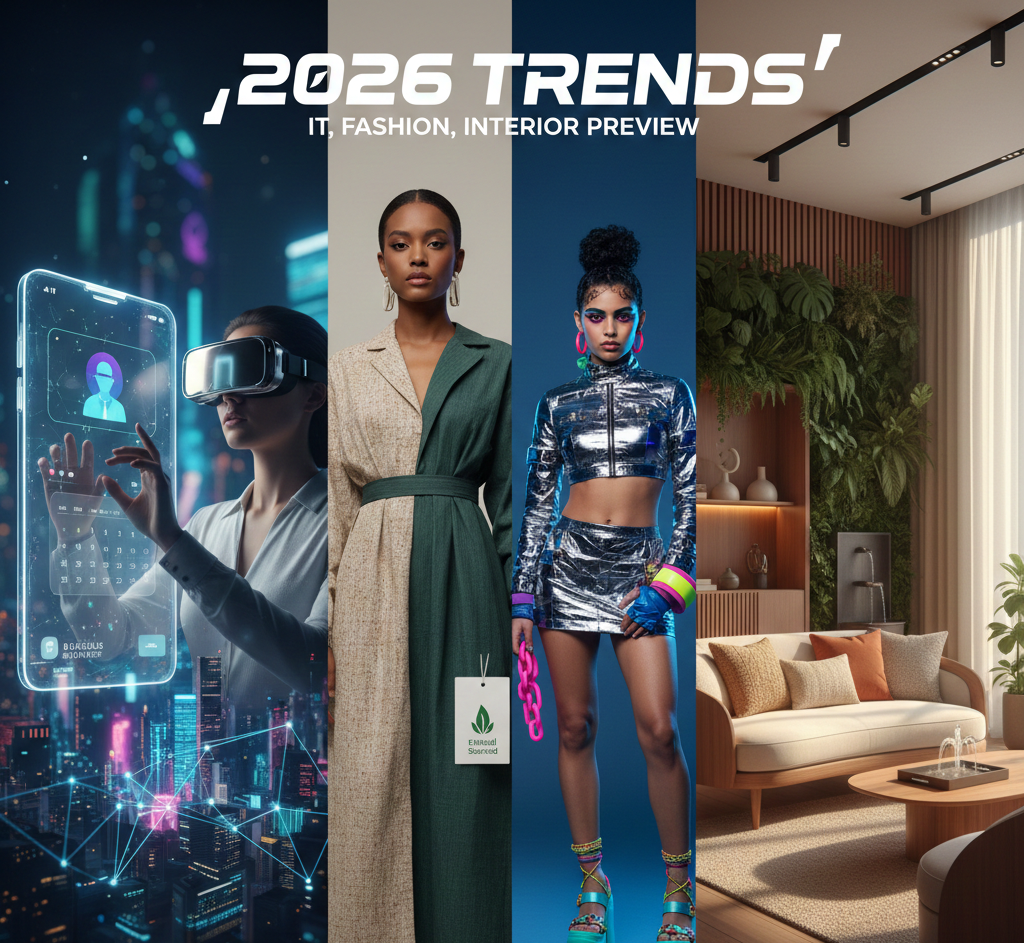 2026년 IT, 패션, 인테리어 3대 핵심 트렌드를 종합한 미래 예측 이미지