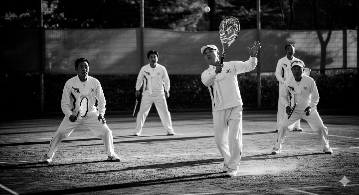 오래된 흑백 사진 속에서 정구 경기를 하는 선수들의 모습