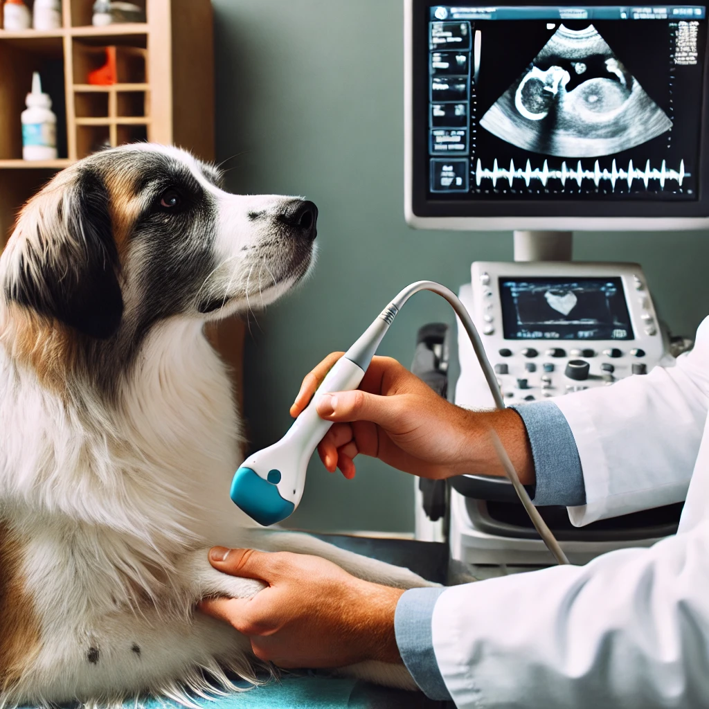 강아지가 심장 초음파 검사를 받는 모습