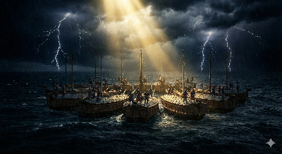 어둡고 폭풍우가 치는 밤바다에 모여 있는 12척의 판옥선 배들. 폭우와 번개가 배들을 에워싸고 있다