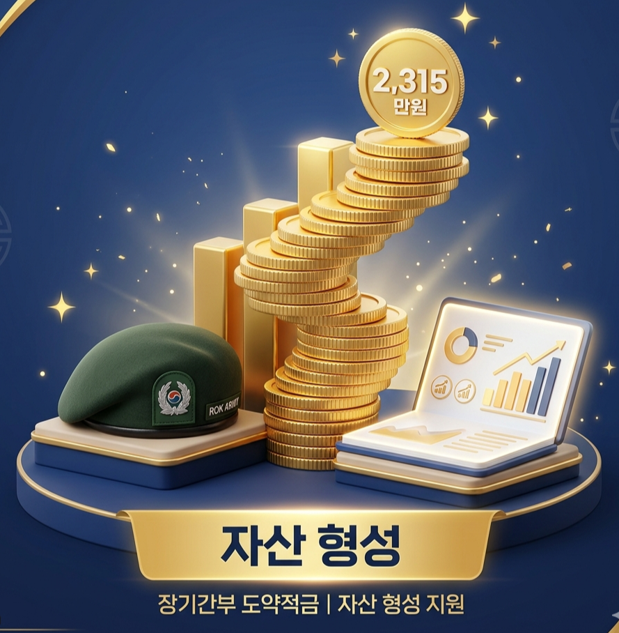 alt=""금색 동전 더미와 군 베레모, 디지털 통장이 어우러진 2,315만 원 자산 형성 지원 장기간부 도약적금 인포그래픽 이미지"