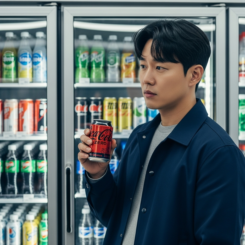 한 30대 한국인 남성이 편의점 냉장고 앞에서 제로 콜라 캔을 들고 성분표를 유심히 살펴보는 모습