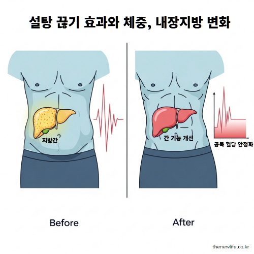 설탕 끊기 효과와 체중 변화, 내장지방 감소, 간 기능 개선, 공복 혈당 안정화 이미지