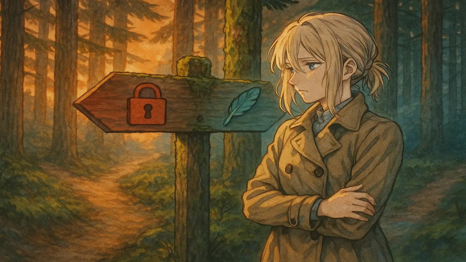 갈림길 표지판 앞에 서서 고민하는 사람의 이미지. 한쪽은 '피의자 조사', 다른 쪽은 '참고인 조사'라고 쓰여 있어, 자신의 신분을 파악하는 것이 첫 단계임을 상징