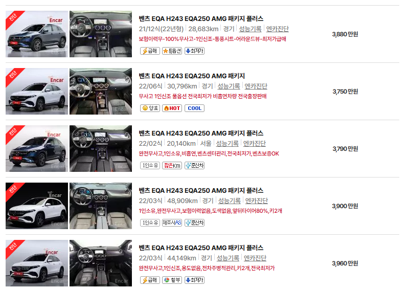 벤츠 EQA 중고차 가격 시세표 24년11월