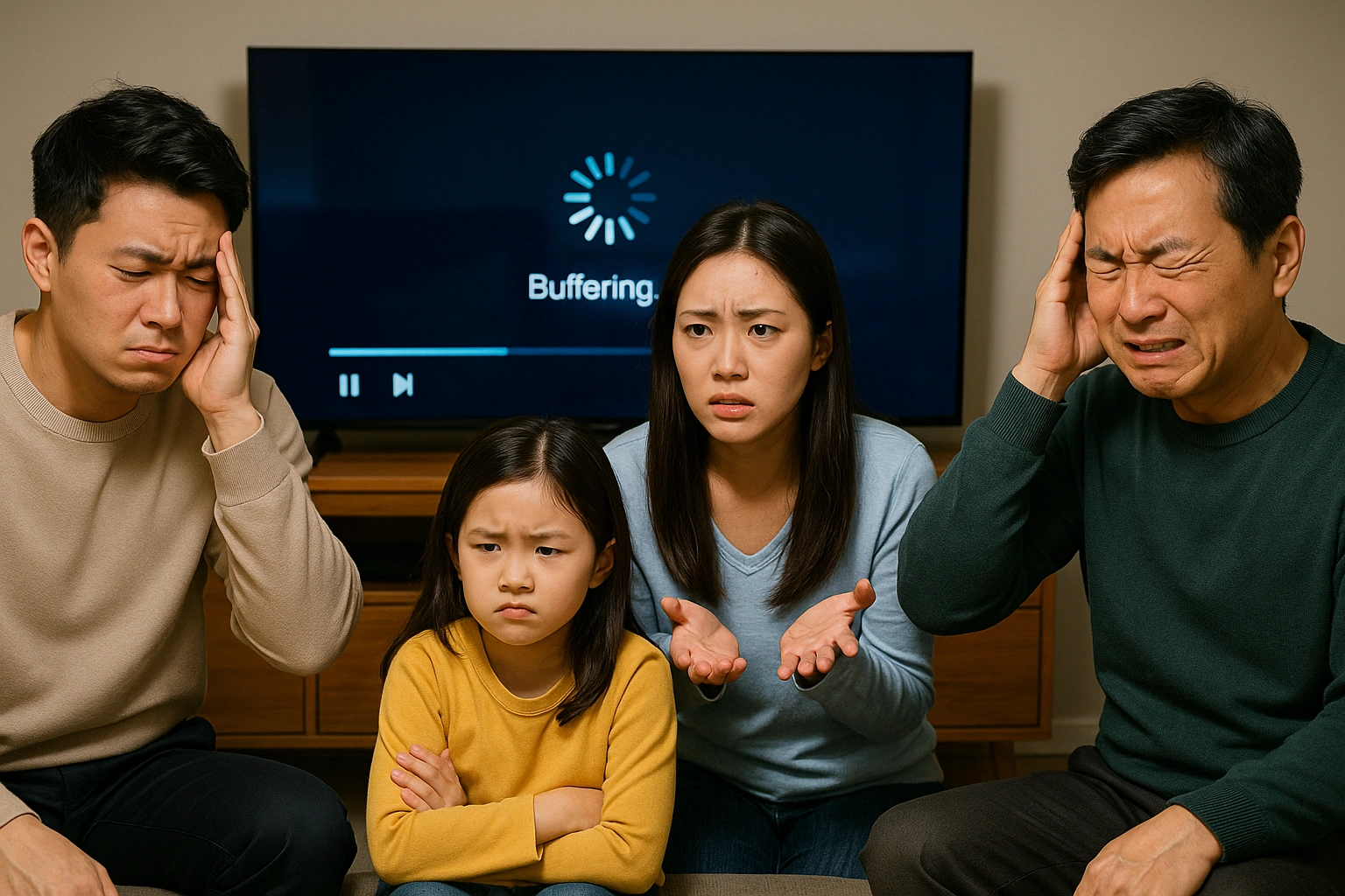 인터넷 속도 저하로 불편한 가족 모습